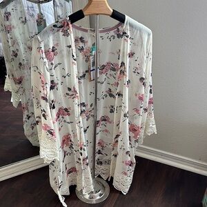 Floral Kimono with Lace Trim